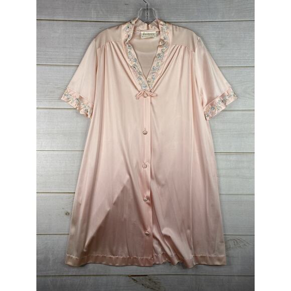 Vtg JC Penney Robes Nightgown Womens Sz M Pink Satin Embroidered Button Up - Picture 1 of 9